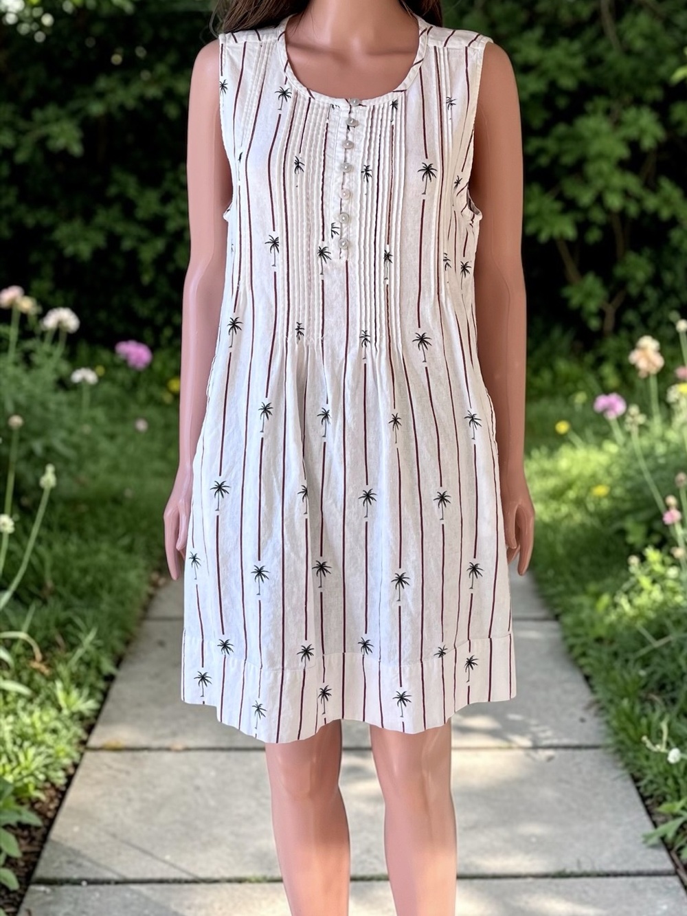 Tahari XL Linen Blend Palm Tree Resort Dress Off White Brown Stripes Tropical